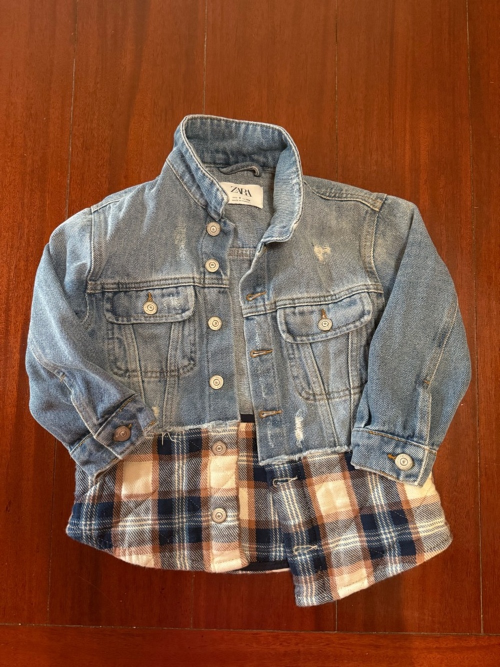 ZARA Blue Denim Jacket with Plaid Trim | Girls